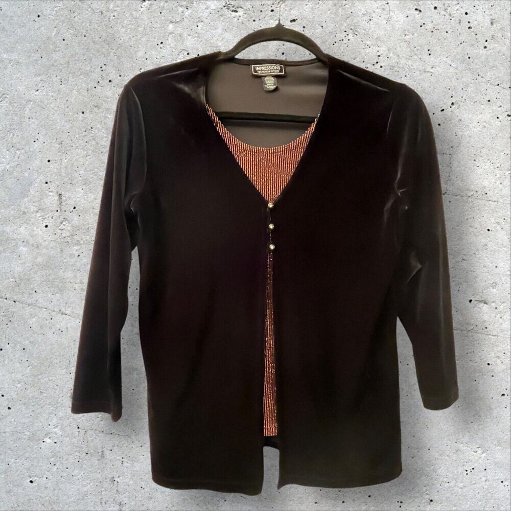Impressions Womens Top Medium Black Velvet Twofer Long Sleeve Metallic Stretch